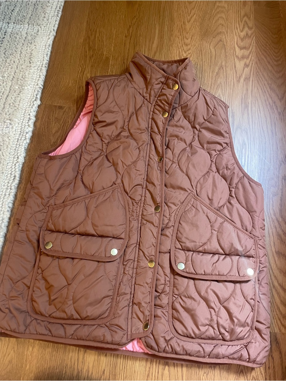J. Crew Quilted Sleeveless Vest in Brown with Pink Lining